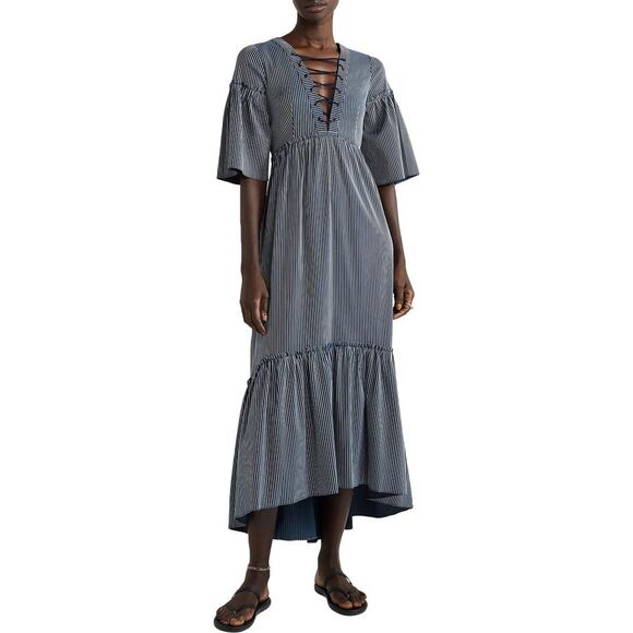 LA LIGNE La Boheme Dress Striped Lace Up Maxi Navy Blue Size XS Tiered Flouncy‎ - Picture 4 of 16